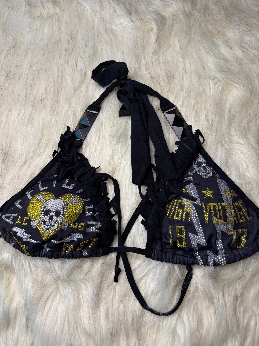 Affliction Black Premium 
Black Fringe Crystal Skull Triangle Bikini Top